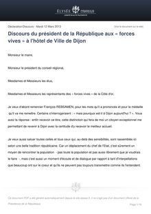 Elysées: Discours du président de la République aux « forces vives » à l hôtel de Ville de Dijon