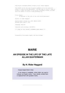 Marie - An Episode in The Life of the late Allan Quatermain