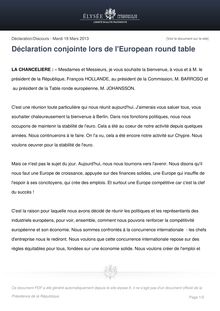 Communiqué de presse de l Elysée: Retranscription de la déclaration conjointe lors de l European round table