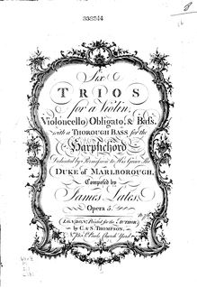 Partition Trios: parties, 6 Trio sonates, Op.5, 6 Trios for a Violin, Violoncello obligato, & Bass, with a thorough bass for the harpsichord