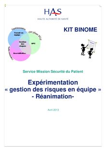 Gestion Des Risques en Equipe pour améliorer la qualité et la sécurité des soins - Kit Binome Expérimentation GDR en équipe Réanimation avril 2013