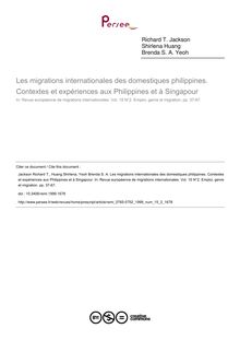 Les migrations internationales des domestiques philippines. Contextes et expériences aux Philippines et à Singapour - article ; n°2 ; vol.15, pg 37-67