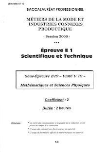 Bacpro metiers mode mathematiques et sciences physiques 2006