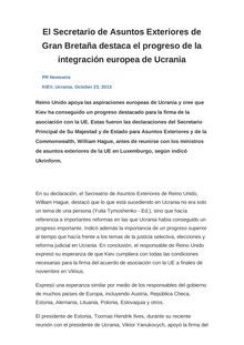 El Secretario de Asuntos Exteriores de Gran Bretaña destaca el progreso de la integración europea de Ucrania
