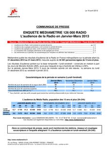 L audience de la radio en janvier-mars 2013 : enquête Médiamétrie
