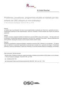 Problèmes, procédures, programmes étudiés et réalisés par des enfants de CM2 utilisant un mini-ordinateur - article ; n°1 ; vol.56, pg 18-26