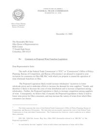 FTC Staff Comment to the Honorable Bill Seitz Concerning Ohio H.B. 306  to Amend the Operation of Wine