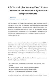 Life Technologies  Ion AmpliSeq™ Exome Certified Service Provider Program Adds European Members