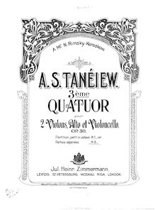 Partition violon 1, corde quatuor No.3, Op.30, A major, Taneyev, Aleksandr