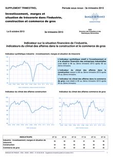 Banque de France : Investissement, marges et  situation de trésorerie dans l’industrie, construction et commerce de gros 