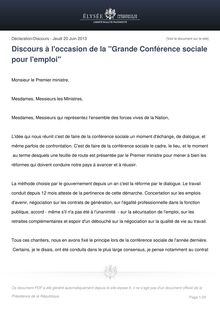Discours de François Hollande à l occasion de la "Grande Conférence sociale pour l emploi"