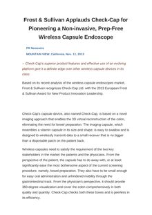 Frost & Sullivan Applauds Check-Cap for Pioneering a Non-invasive, Prep-Free Wireless Capsule Endoscope