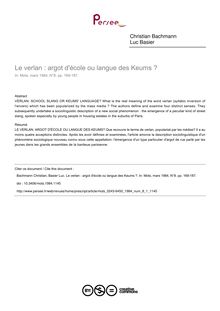 Le verlan : argot d école ou langue des Keums ? - article ; n°1 ; vol.8, pg 169-187