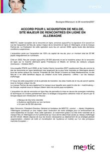 ACCORD POUR L ACQUISITION DE NEU.DE, SITE MAJEUR DE RENCONTRES EN ...