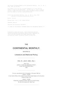 The Continental Monthly,  Vol. 4,  No. 1, July, 1863 - Devoted to Literature and National Policy