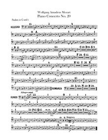 Partition timbales, Piano Concerto No.20, D minor, Mozart, Wolfgang Amadeus