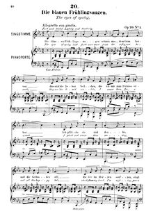Partition No.1 - Die blauen Frühlingsaugen (pour eyes of spring) [Low voix], 6 Gesänge, Op.20