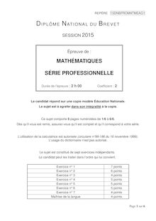 Brevet 2015: sujet de l'épreuve de mathématiques - Professionnelle