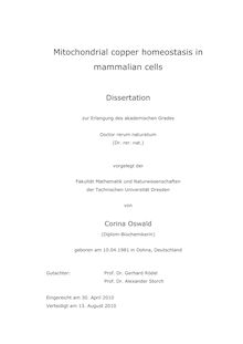 Mitochondrial copper homeostasis in mammalian cells [Elektronische Ressource] / von Corina Oswald