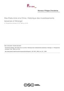 Des Etats-Unis à la Chine. Historique des investissements taiwanais à l étranger - article ; n°1 ; vol.35, pg 24-33