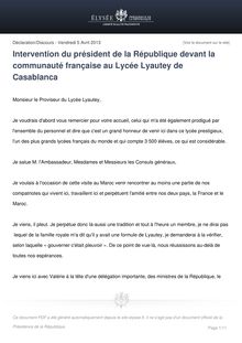 Communiqué de presse de l'Elysée : Intervention du président de la République devant la communauté française au Lycée Lyautey de Casablanca