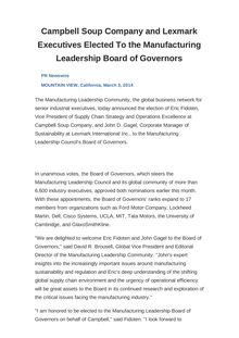Campbell Soup Company and Lexmark Executives Elected To the Manufacturing Leadership Board of Governors