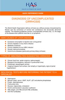 Critères diagnostiques et bilan initial de la cirrhose non compliquée - Diagnosis of uncomplicated cirrhosis 2006 - Quick reference guide - Version anglaise