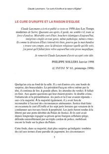 LE CURE D URUFFE ET LA RAISON D EGLISE Claude Lanzmann a écrit et ...