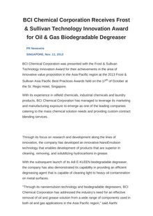 BCI Chemical Corporation Receives Frost & Sullivan Technology Innovation Award for Oil & Gas Biodegradable Degreaser
