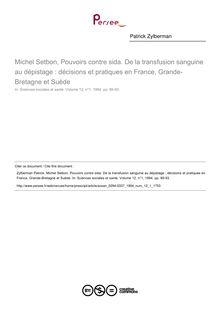 Michel Setbon, Pouvoirs contre sida. De la transfusion sanguine au dépistage : décisions et pratiques en France, Grande-Bretagne et Suède  ; n°1 ; vol.12, pg 89-93
