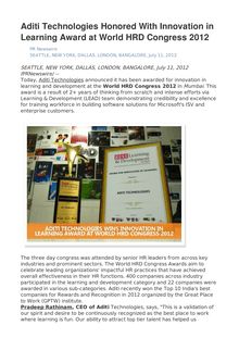 Aditi Technologies Honored With Innovation in Learning Award at World HRD Congress 2012