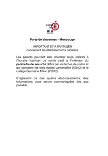 Porte de Vincennes - Montrouge : Lettre aux parents d'élèves