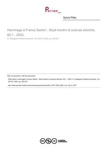 Hommage à Franco Sartori : Studi trentini di scienze storiche, 82-1 , 2003.  ; n°2 ; vol.29, pg 225-227