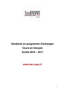 Etudiants en programme d échanges Cours en français Année 2010 ...