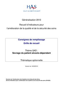 IPAQSS - SAD  consignes de remplissage de la grille de recueil du thème « prise en charge du sevrage du patient alcoolo-dépendant » - septembre 2013