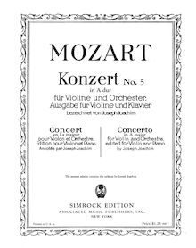 Partition de violon (avec Cadenza by Joachim), violon Concerto No.5