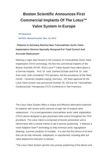 Boston Scientific Announces First Commercial Implants Of The Lotus™ Valve System in Europe