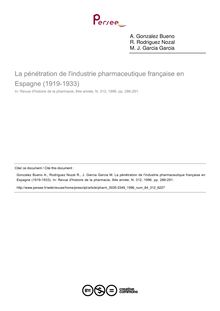 La pénétration de l industrie pharmaceutique française en Espagne (1919-1933) - article ; n°312 ; vol.84, pg 286-291