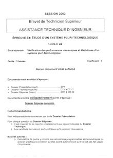 Vérification des performances mécaniques et électriques d un système pluritechnologique 2003 BTS Assistant technique d ingénieur
