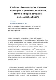 Eisai anuncia nueva colaboración con Esteve para la promoción del fármaco contra la epilepsia Zonegran® (Zonisamida) en España