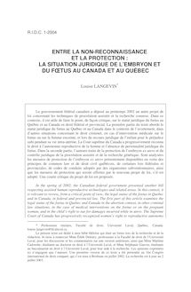 Entre la reconnaissance et la protection : la situation de l’embryon et du foetus au Canada et au Québec - article ; n°1 ; vol.56, pg 39-75