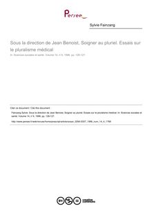 Sous la direction de Jean Benoist, Soigner au pluriel. Essais sur le pluralisme médical  ; n°4 ; vol.14, pg 126-127
