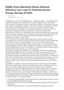 GSMA Green Manifesto Shows Network Efficiency Can Lead To Potential Annual Energy Savings Of $2bn
