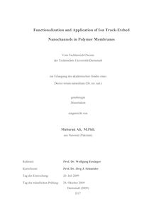 Functionalization and application of ion track etched nanochannels in polymer membranes [Elektronische Ressource] / eingereicht von Mubarak Ali