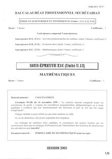 Mathématiques 2003 Bac Pro - Secrétariat