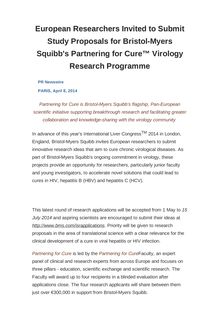 European Researchers Invited to Submit Study Proposals for Bristol-Myers Squibb s Partnering for Cure™ Virology Research Programme