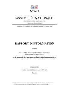 Rapport d'information déposé par la Délégation de l'Assemblée nationale pour l'Union européenne sur le monopole des jeux au regard des règles communautaires