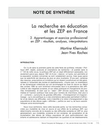 La recherche en éducation et les ZEP en France. 2. Apprentissages et exercice professionnel en ZEP : résultats, analyses, interprétations - article ; n°1 ; vol.146, pg 115-190