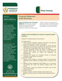 Pinal County June 30, 2009 Report Highlights-Financial Audit