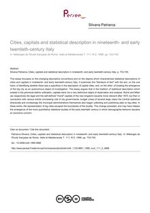 Cities, capitals and statistical description in nineteenth- and early twentieth-century Italy - article ; n°2 ; vol.111, pg 733-745